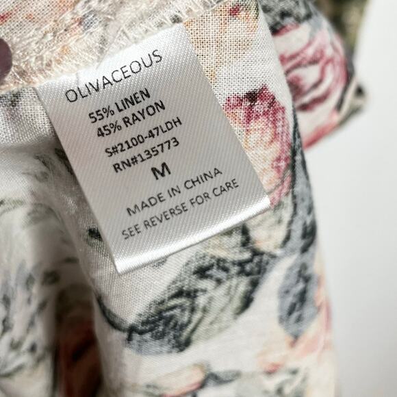 Olivaceous Womens Linen Blend Short Sleeve Mini Shirtdress Medium Cream Floral - Picture 10 of 10